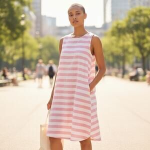 Beach Lunch Lounge Linen-Blend Pink & White Striped A-Line Shift Dress Size M